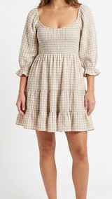 Anthropologie MABLE Gingham‎ Smocked Mini Dress Small Beige Babydoll Puff Sleeve Cotton Photo 0