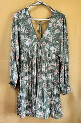 She + Sky Olivia Dress Olive Floral Pleated Mini V-Neck Open Back NWT Large Photo 0