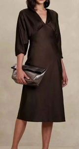 Banana Republic Satin Brown Bloussant-Sleeve Midi Dress V Neck Career Office 4 Photo 0