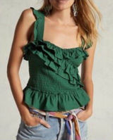 Anthropologie Green Smocked Ruffle CamisolTank Top Square Neck Sleeveless SizeL Photo 0