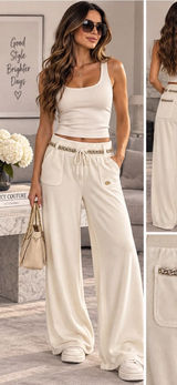 Juicy Couture Cream Velour Wide-Leg Lounge Pants with Gold Chain Trim Y2K Size M Photo 0