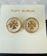 Tory Burch | Gold Plated & Mother of Pearl Logo Button Stud Earrings Photo 0