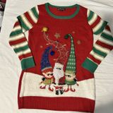 Womens Red Sequin Elf Long Tunic Style Christmas Holiday Sweater Sz Large Photo 0