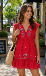Knox Rose Red Floral Embroidered V-Neck Flutter Sleeve Dress | Size M Photo 0