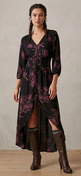 Whimsical‎ American Rag Midi Dress S Black Pink Floral Smocked Waist High-Low Photo 0