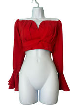 Banjul‎ Red Off Shoulder Long Sleeve Crop Top Bell Sleeve Ruffle Sm Resort Sexy Photo 0