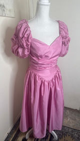VTG 70s Pink Taffeta Formal Gown-Sweetheart Ruched Puff Sleeve Princess Basque Photo 0