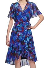 Calvin Klein Women's Floral Chiffon Faux Wrap Flutter Sleeve Dress Blue Size 18W Photo 0