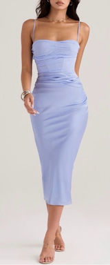 House of CB Teia Corset Midi Dress Georgette Satin Blue Size L Photo 0