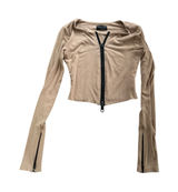 WHITE FOX Ribbed Knit Crop Zip-Up Top‎ XS Tan Y2K Street Style Neutral Aesthetic Photo 0