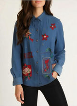 Vintage Jean Shirt Denim Shirt Holiday Embroidery Christmas Cottagecore 90s Photo 0