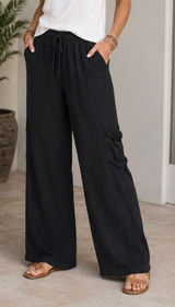 Soft Surroundings Black Linen Blend Wide Leg Cargo Pants Women’s L Boho Resort Photo 0