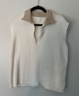 Haven Ribbed Half-Zip Sweater Vest in Cream with Tan Collar Photo 0