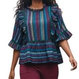 ANTHROPOLOGIE DRA LA Tabi Laurel Striped Ruffle Peplum Hem Blouse‎ NWOT M Photo 0