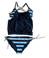 XL Black and White Striped‎ 2 Piece Tankini Swimsuit Set Tie Side Bottoms Photo 0