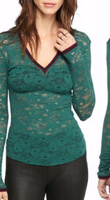 Free People Intimately Green V Neck Floral Lace Long‎ Sleeve Top Photo 0
