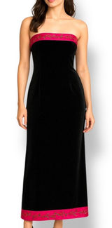 Vintage Dark Romance Velvet Strapless Maxi Dress Black Pink Rose Trim Romantic Photo 0