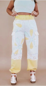 Oli & Hali Jogger Pants Women Small Yellow Patchwork Floral Eyelet Lace MB2170 Photo 0