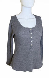 Lucky Brand Gray Ribbed Scoop Neck Henley Long Sleeve Top Photo 0