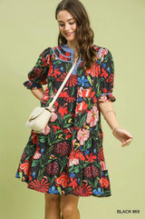 Umgee Floral Tiered Puff Sleeve Dress - Black Mix - Small Photo 0