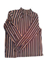 Anne Klein Striped Long Sleeve Top Large Black Tan White Elastic Neckline Photo 0
