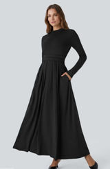 HALARA Black Mock Neck Long-Sleeve Flare Maxi Dress Pocket & Waist Detail XS Photo 0