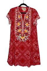 Savanna Jane Embroidered Bandana Print Dress Womens L Red Excellent Boho Tunic Photo 0