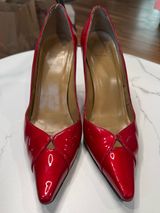 Stuart Weitzman Red Patent Pointed-Toe Pumps with V-Cut Photo 0