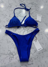NWT Quince Electric Blue Italian High Leg Ring Bikini Bottoms & Triangle Top XS Photo 0