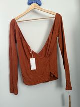 Reformation Large NEW Minnie Top Cider Cinnamon Rib Fitted Surplice Fall Autumn Photo 0