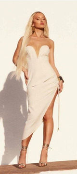 PLT NWT Small Sand Neutral Plunge Asymmetrical Midi Dress Summer Chic Vacation Photo 0