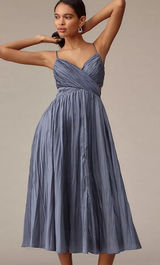 ASTR Capitola Pleated Blue Satin Midi Dress Large Wedding Guest Romantic Party Photo 0
