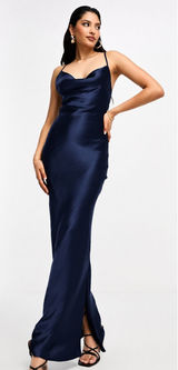 ASOS DESIGN Navy Blue Satin Cami Neck Lace Up Back Maxi Dress Size US 6 NEW Photo 0