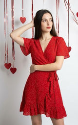 Red Polka Dot Wrap Dress Flutter Sleeve V Neck Tie Waist Women’s Dress Photo 0