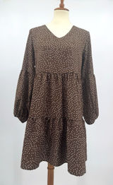 Baby Doll Polka Dot Tiered Midi Dress Brown Cream Balloon Sleeves Boho Western S Photo 0
