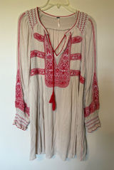 Free People Boho Embroidered Mini Dress Cream Red Tassel XS Peasant Gauze Photo 0