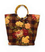 Cynthia Hart Los Angeles Floral Plaid Tote Bag Purse Bamboo Handles Gold Brown Photo 0