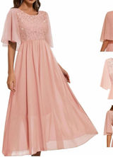 NEW Pink Wedding Guest Cocktail Formal Cape Ruffle Long Maxi Dress XL Photo 0