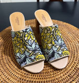 Crown Vintage Clara Embroidered Floral Block Heel Mules Yellow Blue 7.5M Photo 0