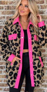 BiBi Leopard Sherpa Jacket Shacket with Neon PINK Trim NEW women’s size LARGE Photo 0