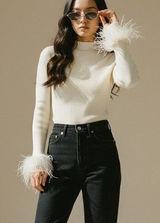 Aqua L Organic Cream‎ Ribbed Mock Neck Feather Cuff Sweater Glam Statement NWT Photo 0