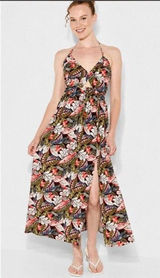 Wild fable Tropical Floral V-Neck Strappy halter maxi Dress M open back Photo 0