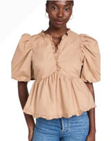 Endless Rose Puff Sleeve Peplum Top Tan Ruffle V-Neck Cotton Size S JJ1080T Photo 0