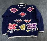 Palm Springs Yacht Club Vintage Navy Floral Knit Sweater Pom Pom Trim Medium Photo 0