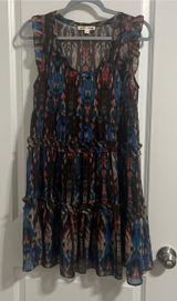 Sleeveless Tiered Ikat Print Dress in Blue and Black Photo 0