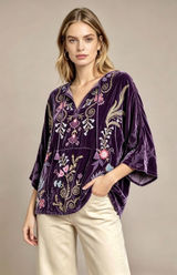 NWOT Johnny Was Silk Blend Velvet Floral Embroidered Tunic Blouse Purple Size XL Photo 0