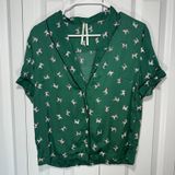 Anthropologie Blouse Womens Small Green Dog Print Short Sleeve Top Pajamas Silky Photo 0