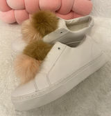 Sam Edelman Leya White Leather Tan Blush Faux Fur Pom Pom Sneaker Shoes Sz 8.5 Photo 0