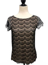 Ann Taylor Black Nude Sheer Lace Overlay Round Neck Short Sleeve Top Size S Photo 0
