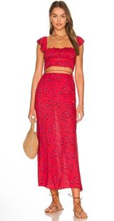 Free People Bijou Skirt Set Cherry Red Floral 2 Pc Smocked Back Ruffle sz 4 Photo 0